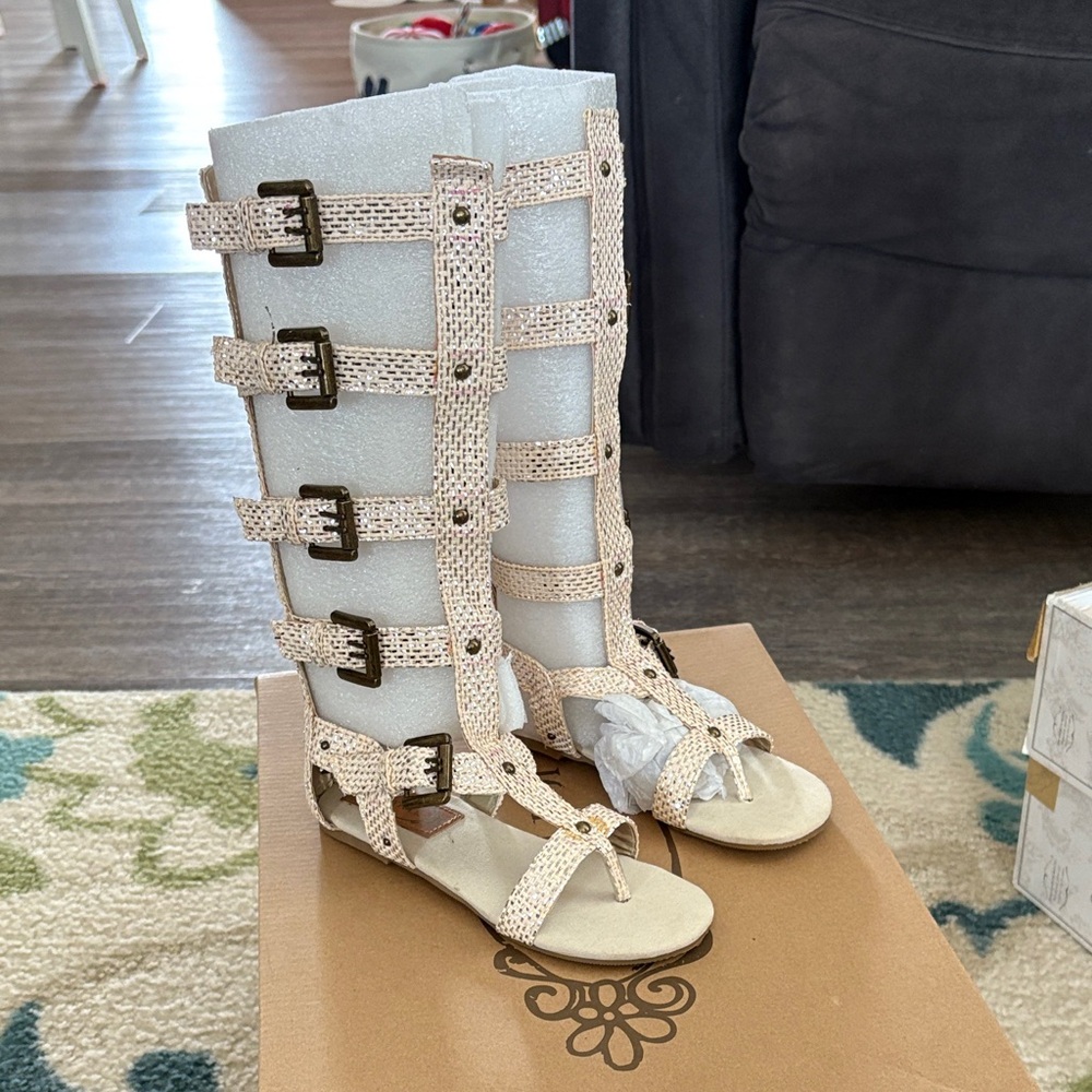 Joyfolie Beige Gladiator Sandals with Bronze Buckles